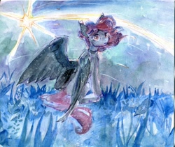 Size: 1199x1010 | Tagged: safe, artist:laymy, imported from derpibooru, oc, oc only, pegasus, pony, female, field, looking at you, looking back, looking back at you, mare, night, partially open wings, shooting star, sitting, solo, traditional art, watercolor painting, wings