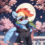 Size: 2048x2048 | Tagged: safe, imported from derpibooru, rainbow dash, pegasus, pony, ai content, ai generated, artificial intelligence, cherry blossoms, clothes, ear fluff, female, flower, flower blossom, generator:pony diffusion v6 xl, generator:stable diffusion, hoodie, mare, moon, night, prompter:liladash, sitting, solo, wing fluff, wings