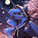 Size: 2056x2056 | Tagged: safe, imported from derpibooru, princess luna, alicorn, pony, ai content, ai generated, artificial intelligence, cherry blossoms, clothes, ear fluff, flower, flower blossom, generator:pony diffusion v6 xl, generator:stable diffusion, hoodie, horn, moon, night, prompter:liladash, solo, wing fluff, wings