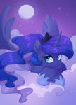 Size: 1654x2299 | Tagged: safe, artist:skysorbett, imported from derpibooru, princess luna, alicorn, pony, cloud, crown, cute, ethereal mane, eyeshadow, female, full moon, horn, jewelry, looking at you, lying down, makeup, mare, moon, night, on a cloud, regalia, sky, smiling, smiling at you, solo, spread wings, starry mane, stars, wavy mane, wings