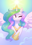 Size: 1654x2299 | Tagged: safe, artist:skysorbett, imported from derpibooru, princess celestia, alicorn, pony, cloud, crown, cute, cutelestia, ethereal mane, female, horn, jewelry, mare, on a cloud, one eye closed, regalia, sky, smiling, solo, spread wings, starry mane, wavy mane, wings