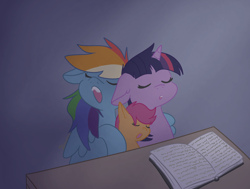 Size: 1772x1338 | Tagged: safe, artist:tkshoelace, imported from derpibooru, rainbow dash, scootaloo, twilight sparkle, pegasus, pony, unicorn, book, female, floppy ears, horn, hug, lesbian, shipping, sleeping, text, trio, trio female, twidash, unicorn twilight, winghug, wings