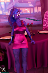 Size: 2365x3576 | Tagged: safe, artist:royalsimp, imported from derpibooru, princess luna, alicorn, anthro, alcohol, bracer, candle, chair, clothes, dinner, dress, female, fishnet clothing, flower, glass, horn, my little pony, rose, solo, solo female, table, tablecloth, text, window, wine