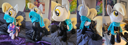 Size: 1800x640 | Tagged: safe, artist:sepiakeys, imported from derpibooru, derpy hooves, twilight sparkle, pegasus, pony, unicorn, catsuit, clothes, duo, duo female, female, irl, katana, latex, latex suit, photo, plushie, scarf, sword, unicorn twilight, weapon