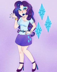 Size: 826x1029 | Tagged: safe, artist:burbernoodle, imported from derpibooru, rarity, human, belt, bracelet, clothes, eyeshadow, female, high heels, humanized, jewelry, lipstick, makeup, nail polish, purple background, shirt, shoes, simple background, skirt, solo, t-shirt