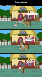 Size: 1920x3516 | Tagged: safe, artist:platinumdrop, imported from derpibooru, derpy hooves, oc, oc:dusty hooves, comic:dusty acres, 3 panel comic, blank flank, comic, commission, farm, female, filly, foal, greeting, happy, house, hug, smiling, speech bubble, talking, younger