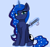 Size: 2300x2160 | Tagged: safe, artist:cloudmild, imported from derpibooru, princess luna, alicorn, pony, blue background, cute, ethereal mane, eyeshadow, female, fluffy, katana, looking at you, magic, makeup, mare, simple background, sitting, smiling, solo, sword, telekinesis, weapon
