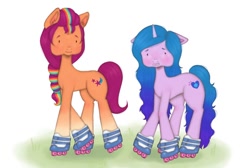Size: 640x430 | Tagged: safe, artist:jazzhooves, imported from derpibooru, izzy moonbow, sunny starscout, earth pony, pony, unicorn, blushing, chubby cheeks, dot eyes, duo, duo female, female, g5, grass, horn, looking at someone, mane stripe sunny, roller skates, simple background, skates, smiling, thin, white background, worried