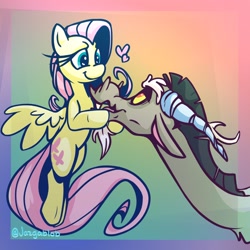 Size: 2048x2048 | Tagged: safe, artist:jazgablob, imported from derpibooru, discord, fluttershy, abstract background, discoshy, duo, duo male and female, female, flying, gradient background, heart, horns down, looking at each other, looking at someone, looking up, male, shipping, signature, straight