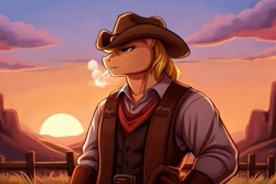 Size: 768x512 | Tagged: safe, imported from derpibooru, oc, oc only, anthro, earth pony, ai content, ai generated, clothes, cowboy, cowboy hat, generator:stable diffusion, hat, prompter:chillyhooves, solo