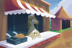 Size: 1707x1158 | Tagged: safe, artist:php191, imported from derpibooru, jeff letrotski, earth pony, pony, apron, background, clothes, counter, detailed background, hooves, looking at you, male, stallion, trade ya!