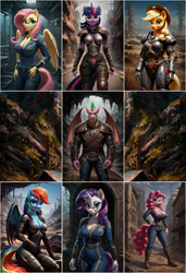 Size: 3331x4864 | Tagged: safe, imported from derpibooru, part of a set, applejack, fluttershy, pinkie pie, rainbow dash, rarity, spike, twilight sparkle, anthro, dragon, earth pony, pegasus, plantigrade anthro, unicorn, fallout equestria, absurd resolution, ai content, ai generated, alternate universe, armor, breasts, cleavage, clothes, female, generator:stable diffusion, horn, male, mane six, preview, prompter:lunarusnexus, raider armor, vault suit