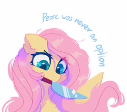 Size: 2174x1918 | Tagged: safe, artist:mirtash, imported from derpibooru, fluttershy, pegasus, pony, big eyes, blue text, cheek fluff, ear fluff, eye clipping through hair, female, folded wings, holding a knife, knife, long mane, looking down, mare, mouth hold, narrowed eyes, peace was never an option, pink mane, shiny eyes, shiny mane, simple background, solo, sparkly eyes, teal eyes, text, wavy mane, white background, wingding eyes, wings, yellow coat