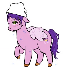 Size: 1170x1281 | Tagged: safe, artist:anonymous, imported from derpibooru, pipp petals, pegasus, pony, blush scribble, blushing, female, floppy ears, folded wings, g5, mare, raised hoof, requested art, simple background, solo, tail, towel, towel on head, unshorn fetlocks, wet, wet mane, wet tail, white background, wings