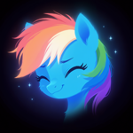 Size: 1560x1560 | Tagged: safe, imported from derpibooru, rainbow dash, pegasus, pony, :3, ai content, ai generated, beautiful, black background, bust, cheek fluff, cute, dashabetes, ear fluff, eyes closed, female, generator:bluefox mix, generator:stable diffusion, glowing, mare, portrait, prompter:adorablebluefox, simple background, smiling, solo, upper body