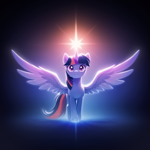 Size: 1702x1702 | Tagged: safe, imported from derpibooru, twilight sparkle, alicorn, pony, ai content, ai generated, female, generator:bluefox mix, generator:stable diffusion, glowing, glowing horn, gradient background, horn, looking at you, mare, prompter:adorablebluefox, smiling, smiling at you, solo, spread wings, twilight sparkle (alicorn), walking towards you, wings
