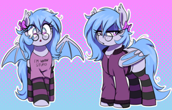 Size: 2180x1400 | Tagged: safe, artist:thebatfang, imported from derpibooru, oc, oc only, oc:lucky roll, bat pony, pony, :o, abstract background, bat pony oc, bat wings, bow, clothes, cute, duality, female, glasses, gradient background, hair bow, i'm with stupid, jacket, lidded eyes, looking at you, mare, ocbetes, open mouth, shirt, socks, solo, spread wings, starry eyes, striped socks, t-shirt, wingding eyes, wings