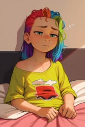 Size: 683x1024 | Tagged: prompter needed, safe, rainbow dash, human, ai content, ai generated, bed, bedroom, child, clothes, female, freckles, humanized, shirt, solo, tired, younger