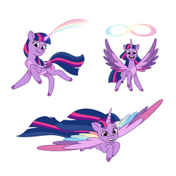 Size: 2048x2048 | Tagged: safe, artist:dazzle, imported from derpibooru, twilight sparkle, alicorn, pony, colored wings, flowing mane, flying, g4 to g5, g5, generation leap, infinity symbol, looking at you, magic, multicolored wings, my little pony: tell your tale, pose, rainbow wings, simple background, smiling, smiling at you, twilight sparkle (alicorn), white background, wings