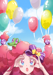 Size: 2480x3508 | Tagged: safe, artist:asayuuuu, imported from derpibooru, gummy, pinkie pie, alligator, human, :o, balloon, bow, cloud, hair bow, humanized, looking at you, open mouth, sky