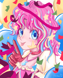Size: 1640x2027 | Tagged: safe, artist:tata, imported from derpibooru, pinkie pie, human, balloon, blushing, bust, clothes, collar, confetti, dress, humanized, jewelry, looking at you, peace sign, pendant, portrait, solo, stars, tongue out