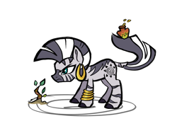 Size: 3464x2598 | Tagged: safe, artist:苍蝇擦擦, imported from derpibooru, zecora, zebra, female, mare, prehensile tail, sapling, simple background, tail, vase, white background