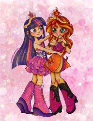 Size: 2055x2679 | Tagged: safe, artist:dariarchangel, imported from derpibooru, sunset shimmer, twilight sparkle, human, equestria girls, big crown thingy, blushing, boots, bow, bracelet, clothes, cutie mark, cutie mark on clothes, dress, duo, duo female, ear piercing, earring, element of magic, female, high heel boots, high heels, hug, human coloration, jewelry, lesbian, my little pony equestria girls: rainbow rocks, piercing, pink dress, platform boots, platform heels, platform shoes, regalia, shipping, shoes, skirt, smiling, sparkles, sunsetsparkle