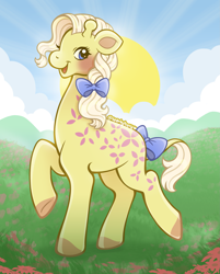 Size: 2169x2700 | Tagged: safe, artist:sparkytopia, imported from derpibooru, creamsicle (g1), giraffe, bow, creamsicle, female, g1, hair bow, pony friends, raised hooves, smiling, solo