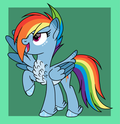 Size: 2157x2236 | Tagged: safe, artist:teal-quil, imported from derpibooru, rainbow dash, pegasus, pony, alternate design, chest fluff, colored wings, hair over one eye, one wing out, open mouth, open smile, raised hoof, smiling, solo, two toned wings, wings