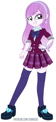 Size: 559x1200 | Tagged: safe, artist:jennieoo, imported from derpibooru, oc, oc:wisteria shroud, equestria girls, bow, clothes, commission, crystal prep academy uniform, ear piercing, earring, eyeshadow, hand on hip, jewelry, makeup, piercing, school uniform, simple background, skirt, smiling, socks, solo, stockings, thigh highs, transparent background, vector, zettai ryouiki