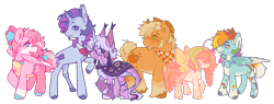 Size: 2048x782 | Tagged: safe, artist:puwupy, imported from derpibooru, applejack, fluttershy, pinkie pie, rainbow dash, rarity, twilight sparkle, alicorn, earth pony, flutter pony, pegasus, unicorn, alternate design, alternate hairstyle, amputee, apron, arm fluff, bandage, beauty mark, cloak, clothes, cloven hooves, ear fluff, ear piercing, ear tufts, earring, folded wings, gauges, horn, jewelry, kerchief, leonine tail, mane six, pegasus pinkie pie, piercing, race swap, raised hoof, redesign, simple background, tail, transparent background, unshorn fetlocks, wings