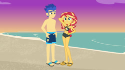 Size: 1573x885 | Tagged: safe, artist:richardchibbard, imported from derpibooru, flash sentry, sunset shimmer, equestria girls, beach, female, flashimmer, male, shipping, straight