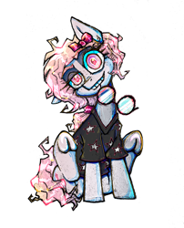 Size: 2513x3105 | Tagged: safe, artist:jehr, imported from derpibooru, oc, oc only, pony, bow, clothes, commission, curly hair, eyelashes, glass, glasses, grey body, looking at you, mouth hold, one ear down, pink eyes, pink hair, ponytail, shirt, simple background, sitting, smiling, smiling at you, stars, t-shirt, teeth, underhoof, white background
