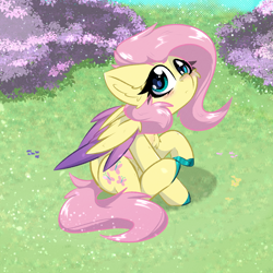 Size: 2000x2000 | Tagged: safe, artist:jubyskylines, imported from derpibooru, fluttershy, pegasus, pony, blushing, colored hooves, colored wings, colored wingtips, cute, female, grass, looking at you, mare, raised hoof, sitting, solo, wide eyes, wings