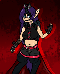 Size: 814x1002 | Tagged: safe, artist:lazerblues, imported from derpibooru, oc, oc:mal, hybrid, satyr, belly button, belt, breasts, chubby, clothes, crown, goth, horn, hybrid oc, jewelry, parent:oc:nyx, regalia, wings