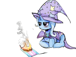 Size: 1600x1200 | Tagged: artist needed, source needed, safe, imported from twibooru, trixie, pony, unicorn, banned from derpibooru, burning, female, fire, flag, flag burning, image, magic, mare, png, pride, simple background, solo, stars, telekinesis, traditional art, transgender, watercolor painting, white background