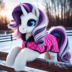 Size: 1024x1024 | Tagged: safe, imported from ponybooru, rarity, pony, unicorn, ai content, ai generated, alternate hair color, bing, clothes, female, fence, fluffy, leaning, leaning forward, mare, semi-realistic, snow, solo, winter outfit