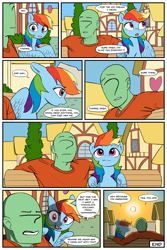 Size: 2400x3600 | Tagged: safe, artist:mobius_, artist:redruin01, imported from derpibooru, rainbow dash, oc, oc:anon, human, pegasus, pony, comic:ice cream, affection, bench, clothes, colored, comic, cute, female, loving gaze, mare, ponyville, romantic, sunset, tomboy