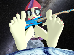 Size: 5000x3750 | Tagged: safe, artist:dragonalex555, imported from derpibooru, moondancer, human, equestria girls, 3d, barefoot, earth, electric guitar, feet, female, fetish, foot fetish, giantess, guitar, guitar solo, macro, mmd, musical instrument, soles, space, toes, tongue out, wiggling toes, wiggling tongue