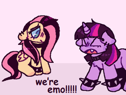 Size: 425x322 | Tagged: safe, artist:b4rkzal0t, imported from derpibooru, fluttershy, twilight sparkle, pegasus, unicorn, ><, choker, dialogue, duo, duo female, ear piercing, emo, emo twilight, emoshy, eyes closed, fangs, female, floppy ears, folded wings, horn, mare, meme, open mouth, piercing, spiked wristband, unicorn twilight, we're emo, wings, wristband