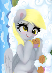 Size: 1299x1818 | Tagged: safe, artist:darksly, imported from derpibooru, derpy hooves, pegasus, pony, belly, belly button, blushing, body pillow, chest fluff, cloud, derp, female, food, mare, muffin, on a cloud, smiling, solo