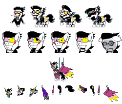 Size: 1200x1020 | Tagged: safe, artist:creepa-bot inc., imported from derpibooru, alicorn, earth pony, pony, animated, black hair, deltarune, floppy ears, gif, glasses, laughing, male, pixel art, ponified, puppet, puppet strings, simple background, smiling, spamton, spamton neo, sprite sheet, stallion, static, strings, transparent background