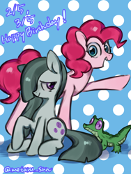Size: 3072x4096 | Tagged: safe, artist:metaruscarlet, imported from derpibooru, gummy, marble pie, pinkie pie, earth pony, pony, cutie mark, duo, duo female, female, happy birthday, hooves up, looking at someone, mare, open mouth, pet, polka dot background, raised hoof, sitting, text