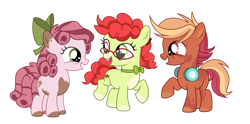 Size: 1271x628 | Tagged: safe, artist:primrosepaper, imported from derpibooru, oc, oc only, oc:combo breaker, oc:rosebud, oc:sour apple tart, earth pony, pony, bow, bucktooth, coat markings, colt, female, filly, foal, glasses, grin, hair bow, headphones, headphones around neck, heterochromia, male, next generation, offspring, pale belly, parent:button mash, parent:pipsqueak, parent:scootaloo, parent:sweetie belle, parents:scootamash, parents:sweetiesqueak, parents:twistbloom, pinto, ribbon, simple background, smiling, transparent background, trio