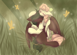 Size: 2800x2000 | Tagged: safe, artist:puppie, imported from derpibooru, oc, oc only, oc:soft sonance, oc:stormchaser, butterfly, pegasus, affection, couple, cuddling, grass, hug, pretty