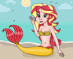 Size: 894x717 | Tagged: safe, artist:ocean lover, imported from derpibooru, sunset shimmer, bird, human, mermaid, seagull, bare shoulders, beach, beautiful, beautisexy, belly button, boat, bra, clothes, cloud, curvy, cute, fins, fish tail, hourglass figure, human coloration, humanized, light skin, lips, long hair, looking at you, mermaid tail, mermaidized, mermay, midriff, ms paint, ocean, outdoors, pretty, sand, seashell, seashell bra, shimmerbetes, sitting, sky, smiling, smiling at you, species swap, sun, tail, tail fin, teal eyes, tropical, underwear, water, wave, waving, waving at you