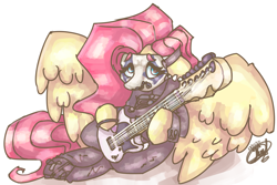 Size: 3600x2400 | Tagged: safe, artist:mannybcadavera, imported from derpibooru, fluttershy, pegasus, pony, electric guitar, face paint, female, floppy ears, guitar, high res, hoof hold, large wings, mare, musical instrument, signature, simple background, sitting, slipknot, solo, white background, wings