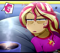 Size: 2334x2034 | Tagged: safe, artist:the-butch-x, imported from derpibooru, pinkie pie, sunset shimmer, human, equestria girls, 2d, blanket, clothes, coffee, coffee cup, cup, curly hair, eyebrows, eyes closed, female, indoors, messed up hair, open mouth, open smile, pajamas, pillow, raised eyebrow, sleepy, smiling