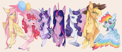 Size: 3638x1559 | Tagged: safe, artist:qpnnn, imported from derpibooru, applejack, fluttershy, pinkie pie, rainbow dash, rarity, starlight glimmer, twilight sparkle, alicorn, earth pony, pegasus, pony, unicorn, alternate design, colored wings, countershading, female, height difference, horn, looking at you, mane six, mare, multicolored wings, rainbow wings, slender, thin, wings