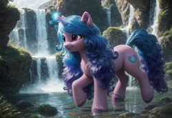 Size: 1216x832 | Tagged: safe, imported from derpibooru, izzy moonbow, unicorn, ai content, ai generated, chest fluff, cloud, cloudy, ear fluff, g5, generator:pony diffusion v6 xl, generator:stable diffusion, horn, levitation, magic, prompter:kluknawa235, raised leg, smiling, telekinesis, water, waterfall